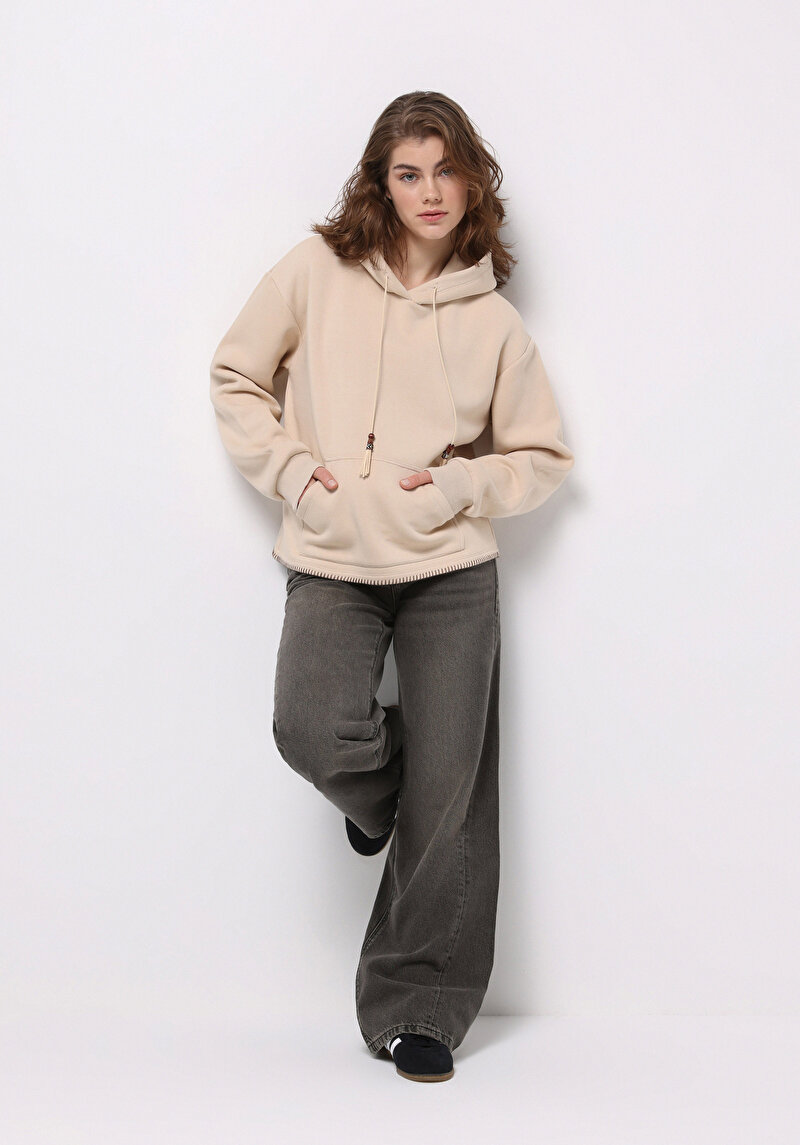 Regular Fit Kapüşonlu Düz Kadın Bej Sweatshirt