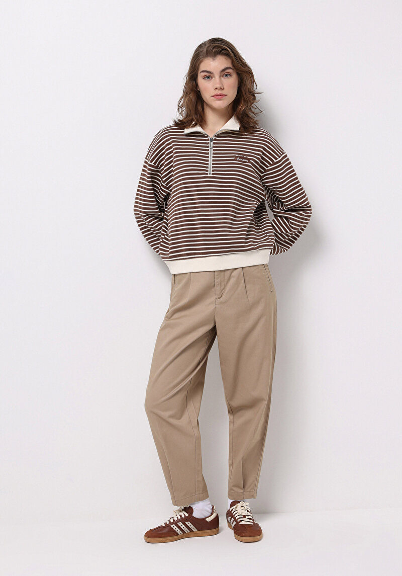 Regular Fit Yüksel Bel Düz Paça Kadın Bej Pantolon