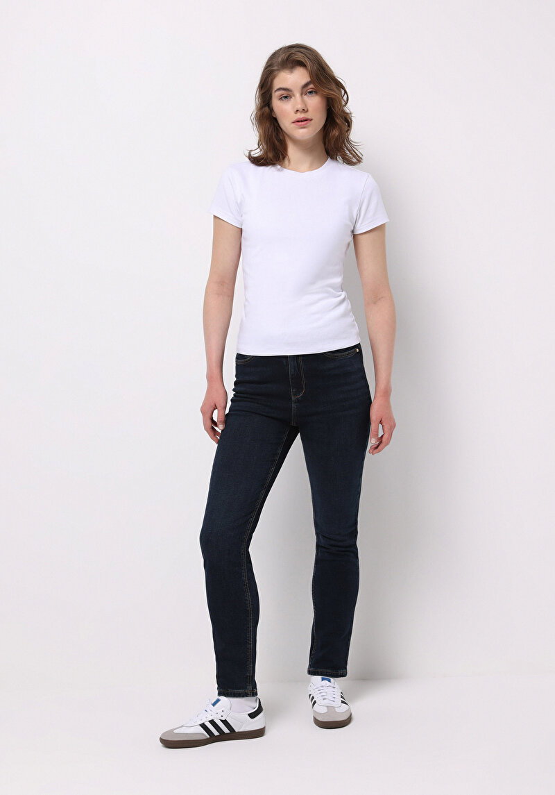 Slim Fit Dar Paça Kadın Koyu İndigo Jean Pantolon