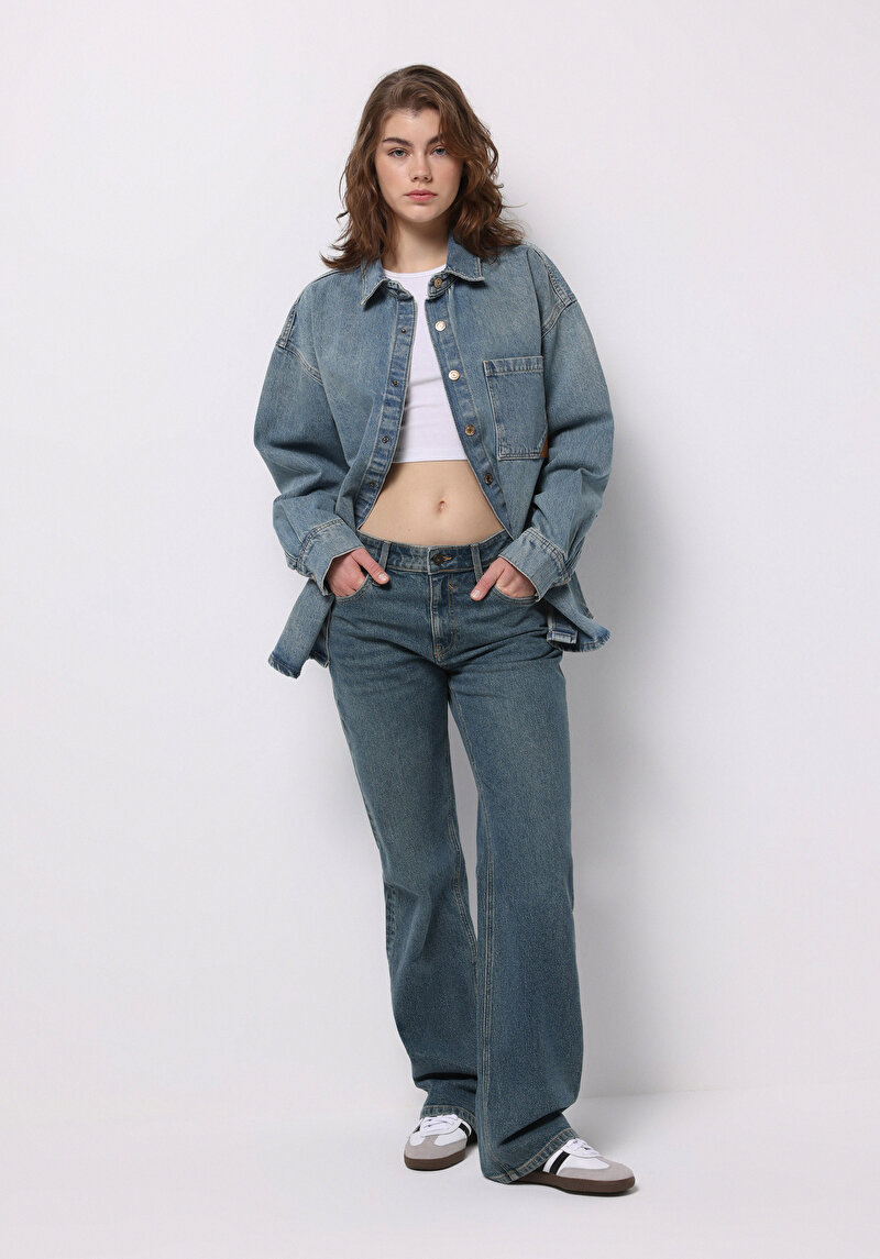 Straight Fit Orta Bel Tam Boy Paça Kadın İndigo Jean Pantolon