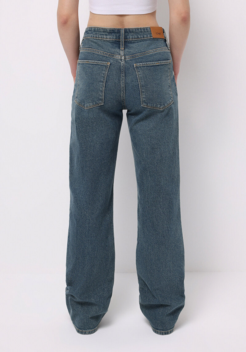 Straight Fit Orta Bel Tam Boy Paça Kadın İndigo Jean Pantolon