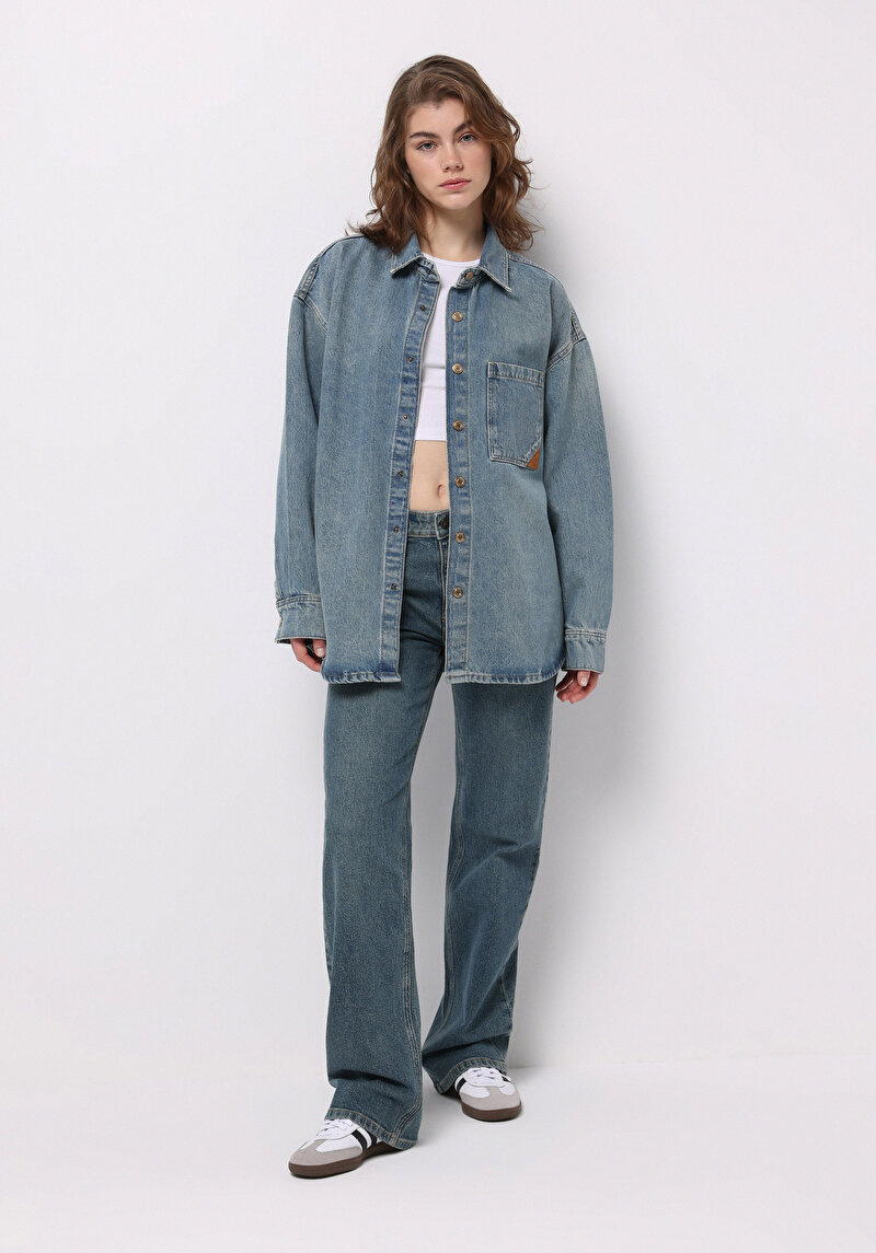 Straight Fit Orta Bel Tam Boy Paça Kadın İndigo Jean Pantolon