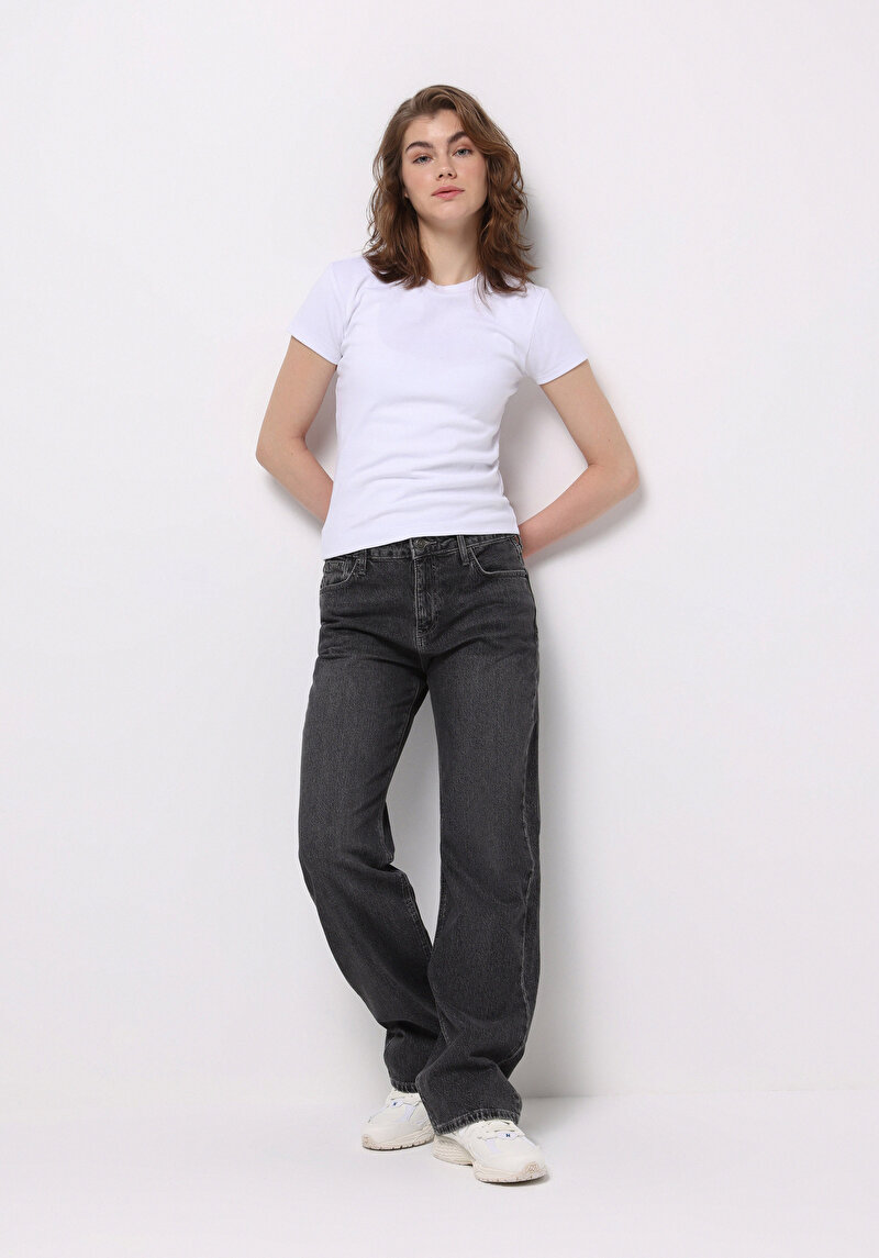 Straight Fit  Tam Boy Paça Kadın Antrasit Jean Pantolon
