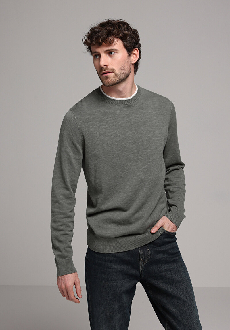 Regular Fit Yuvarlak Yaka Jakarlı Erkek Yeşil Kazak