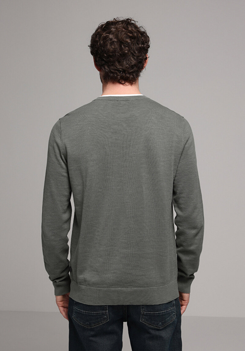 Regular Fit Yuvarlak Yaka Jakarlı Erkek Yeşil Kazak