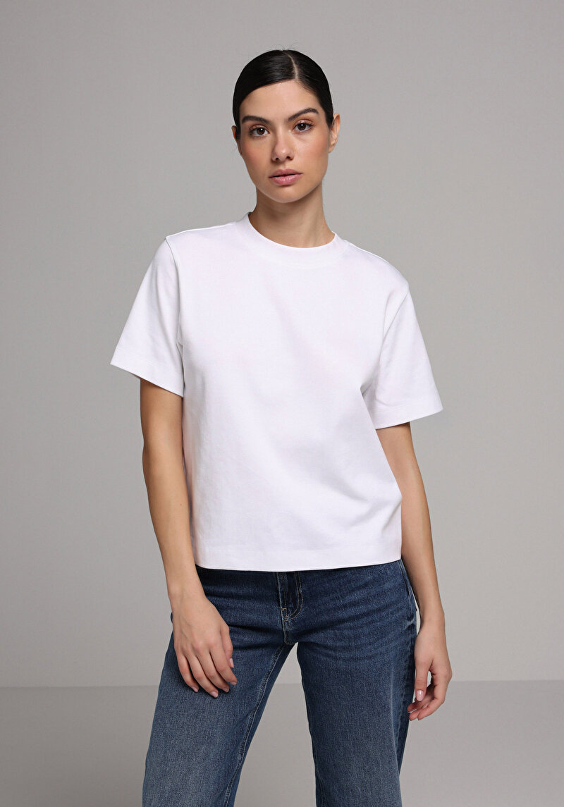 Boxy Fit Yuvarlak Yaka Düz Kadın Beyaz Kısa Kol Tişört
