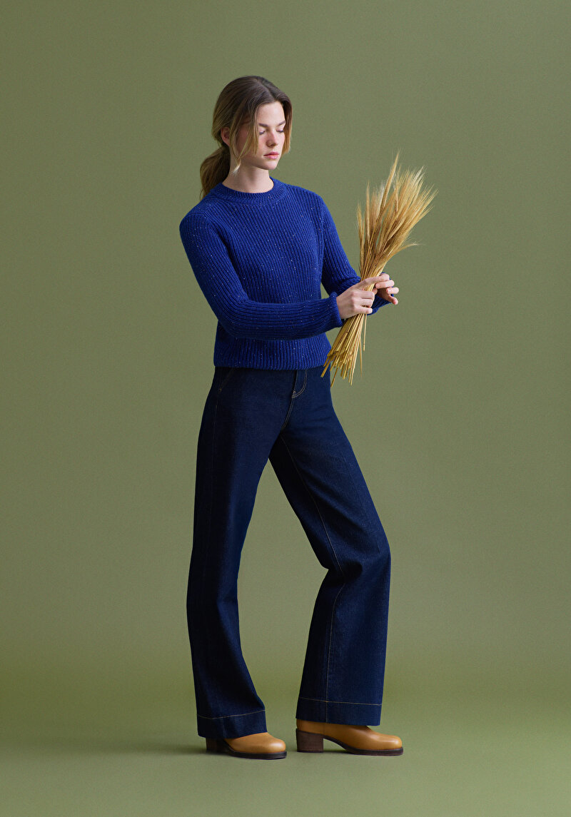 Regular Fit Yuvarlak Yaka Düz Kadın Mavi Kazak