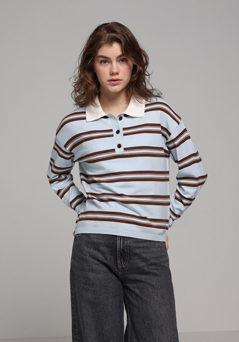 Regular Fit Polo Yaka Çizgili Kadın Mavi Kazak