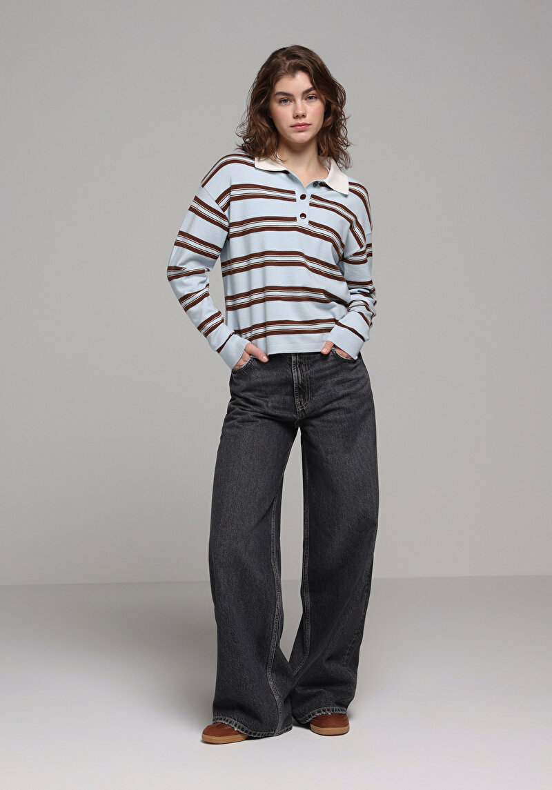 Regular Fit Polo Yaka Çizgili Kadın Mavi Kazak