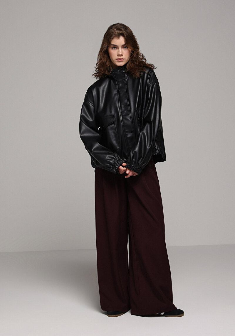 Regular Fit Yüksel Bel Geniş Paça Kadın Bordo Pantolon