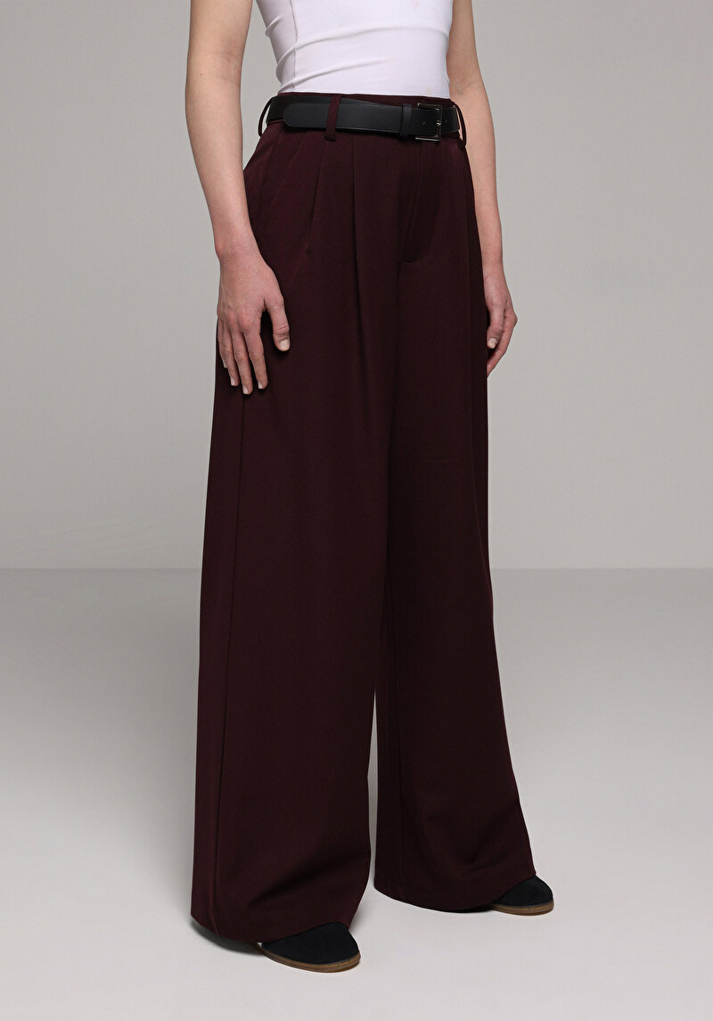 Regular Fit Yüksel Bel Geniş Paça Kadın Bordo Pantolon