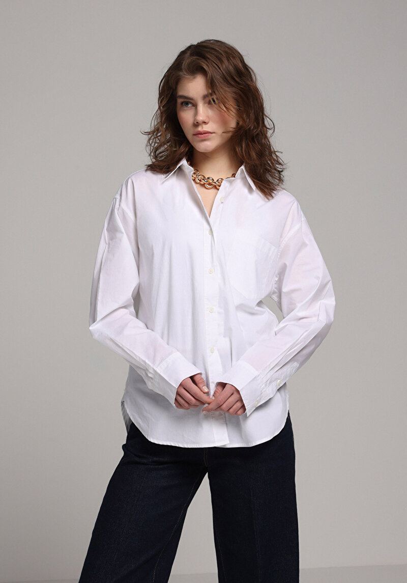 Boyfriend Fit Shirt Neck Düz Kadın Beyaz Uzun Kol Gömlek