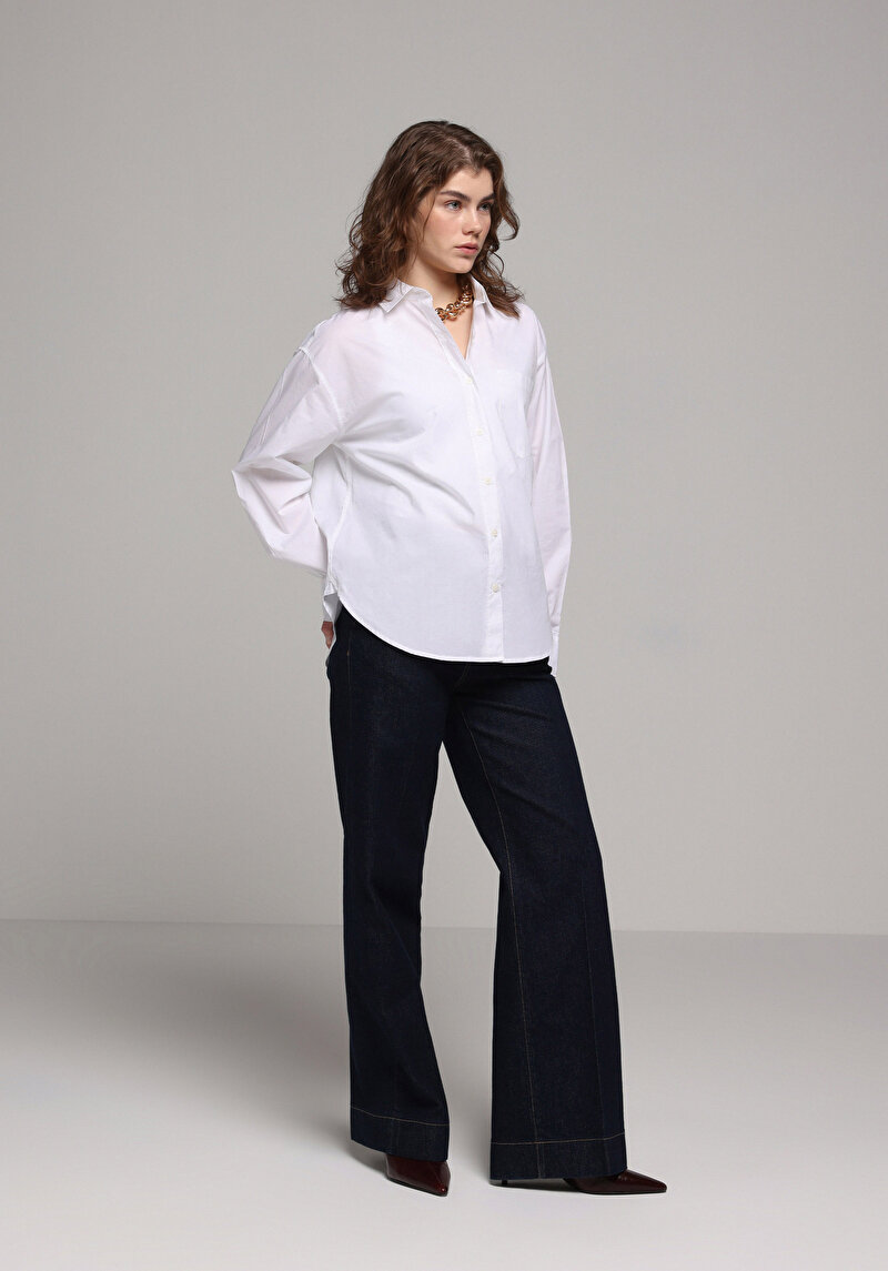 Boyfriend Fit Shirt Neck Düz Kadın Beyaz Uzun Kol Gömlek