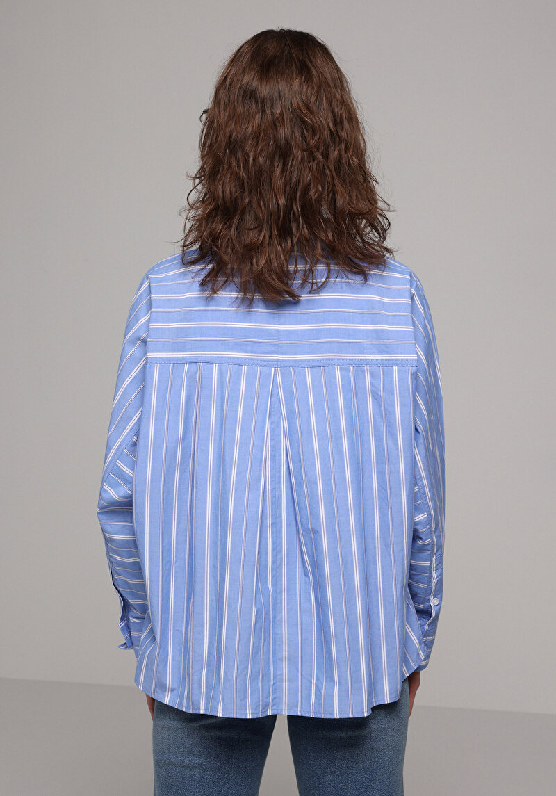 Fashion Fit Shirt Neck Çizgili Kadın Mavi Uzun Kol Gömlek