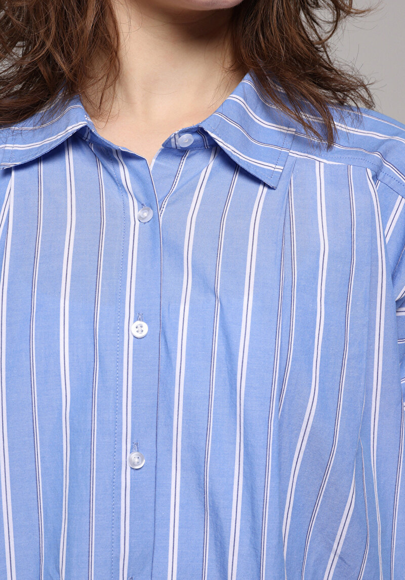 Fashion Fit Shirt Neck Çizgili Kadın Mavi Uzun Kol Gömlek