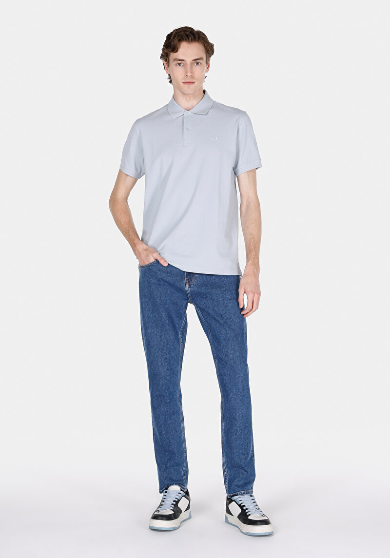 Regular Fit Polo Yaka Düz Erkek Mavi Kısa Kol Tişört