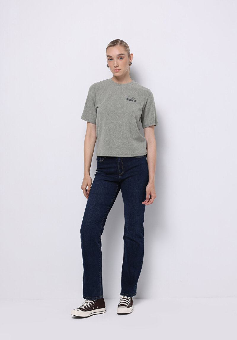 Regular Fit Yuvarlak Yaka Baskılı Kadın Yeşil Kısa Kol Tişört