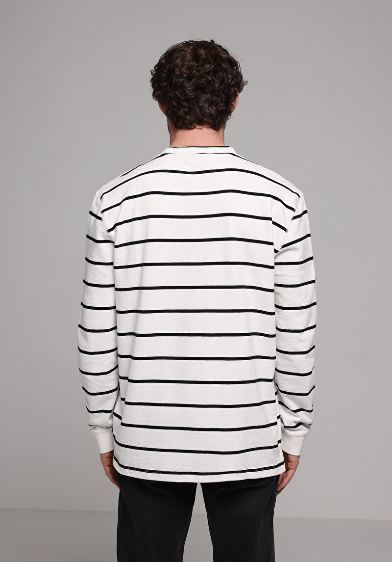 Comfort Fit Yuvarlak Yaka Çizgili Erkek Beyaz Uzun Kol Tişört