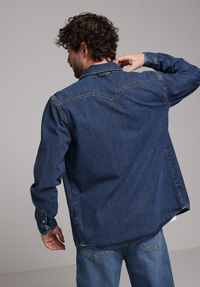 Regular Fit Klasik Yaka Düz Erkek Mavi Uzun Kol Gömlek