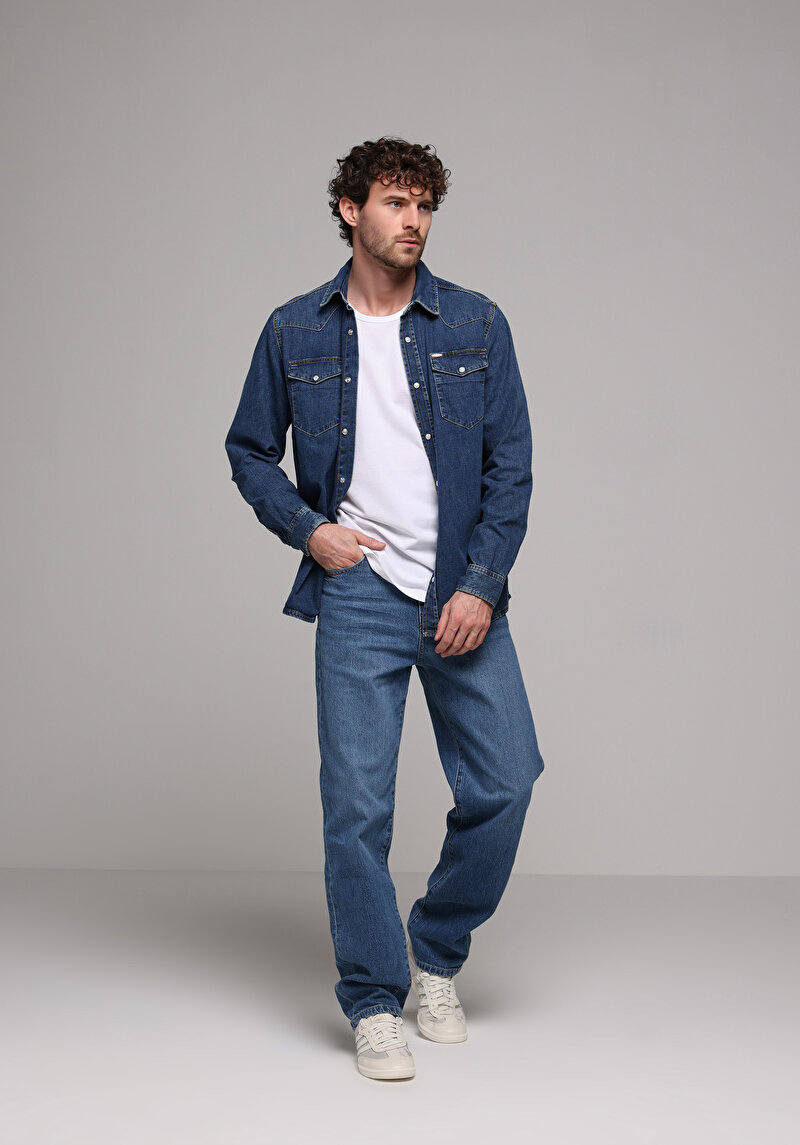 Regular Fit Klasik Yaka Düz Erkek Mavi Uzun Kol Gömlek