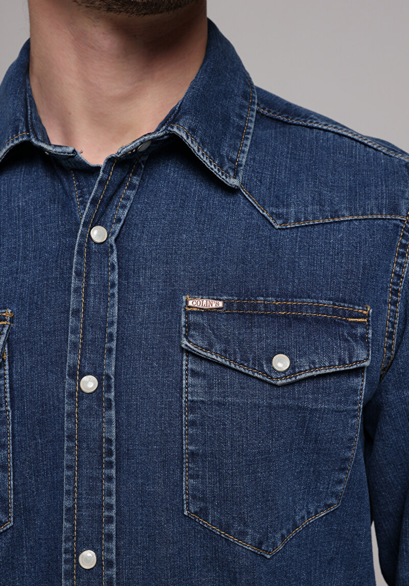 Regular Fit Klasik Yaka Düz Erkek Mavi Uzun Kol Gömlek