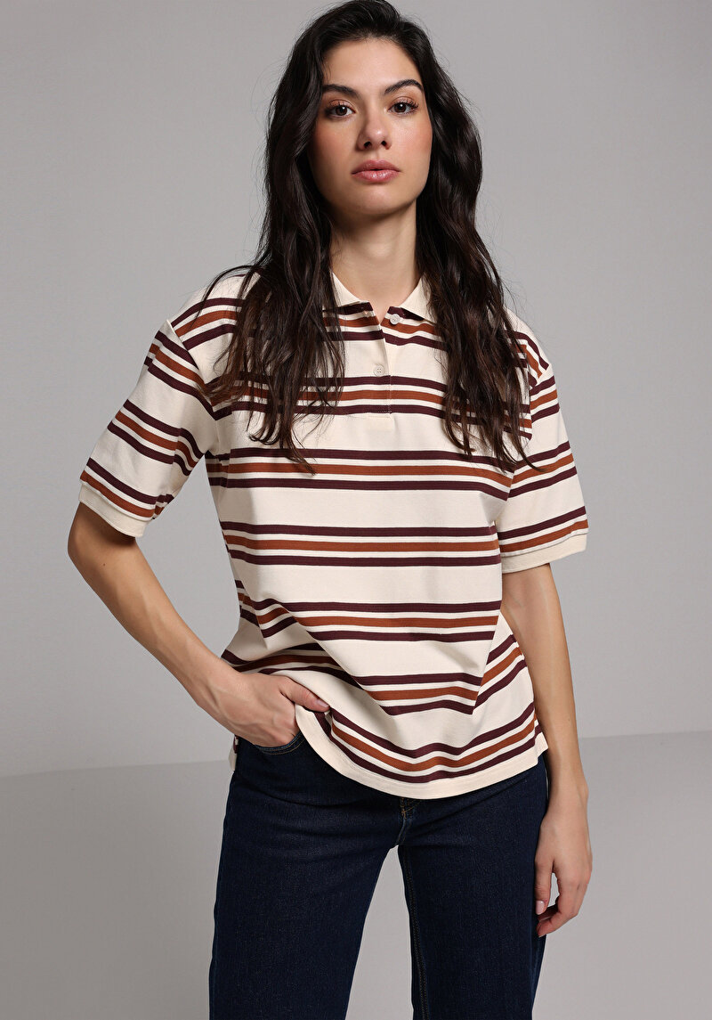 Regular Fit Polo Yaka Çizgili Kadın Çok Renkli Kısa Kol Tişört