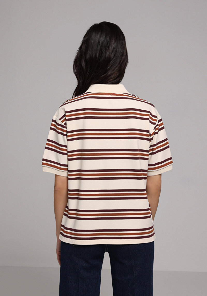 Regular Fit Polo Yaka Çizgili Kadın Çok Renkli Kısa Kol Tişört