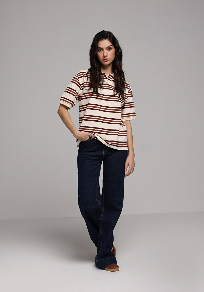 Regular Fit Polo Yaka Çizgili Kadın Çok Renkli Kısa Kol Tişört