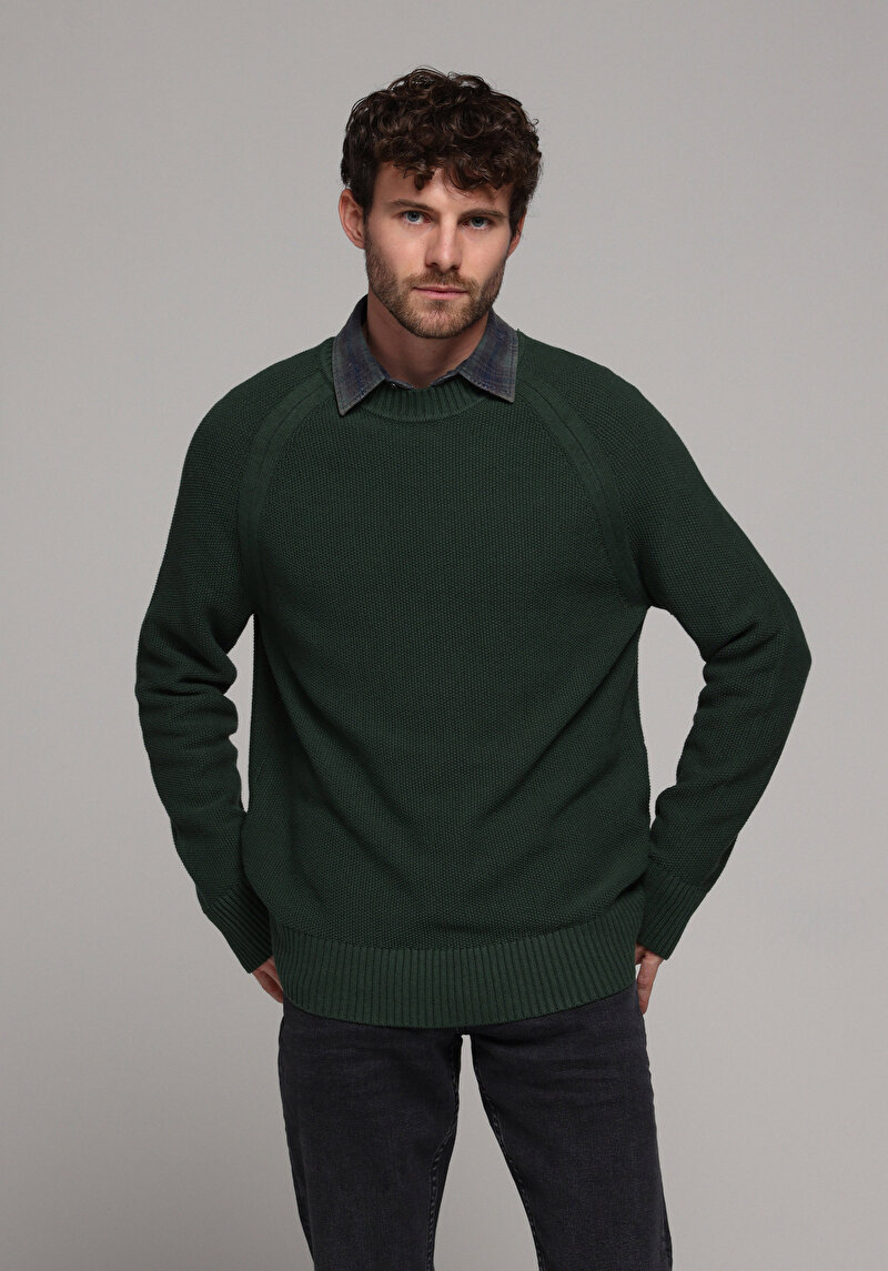Regular Fit Yuvarlak Yaka Jakarlı Erkek Yeşil Kazak