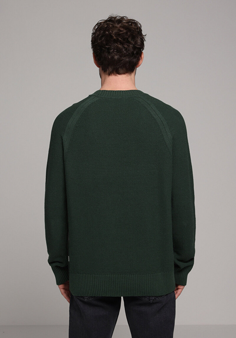 Regular Fit Yuvarlak Yaka Jakarlı Erkek Yeşil Kazak