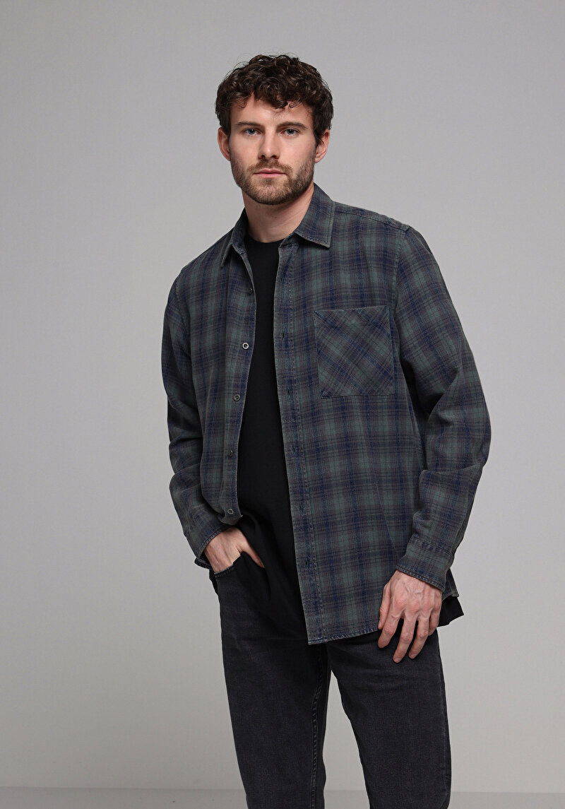 Regular Fit Shirt Neck Ekoseli Erkek Yeşil Uzun Kol Gömlek