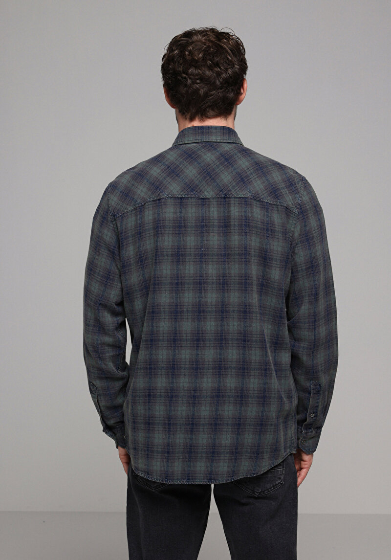 Regular Fit Shirt Neck Ekoseli Erkek Yeşil Uzun Kol Gömlek