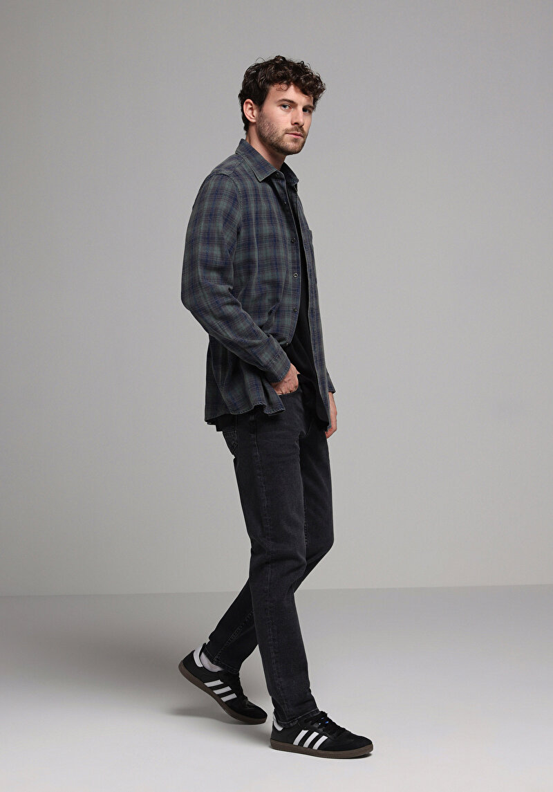 Regular Fit Shirt Neck Ekoseli Erkek Yeşil Uzun Kol Gömlek