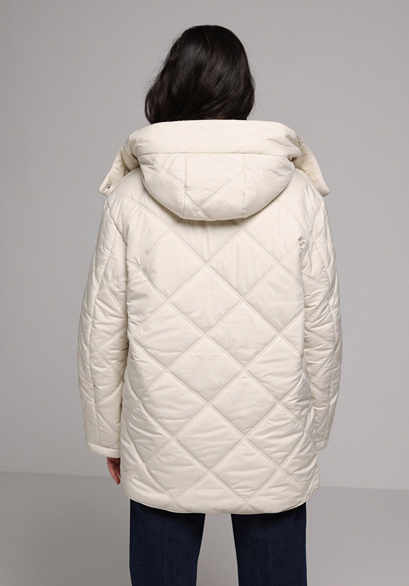 Regular Fit Kapüşonlu Fermuarlı Astarlı Suya Dayanıklı Kadın Ekru Mont