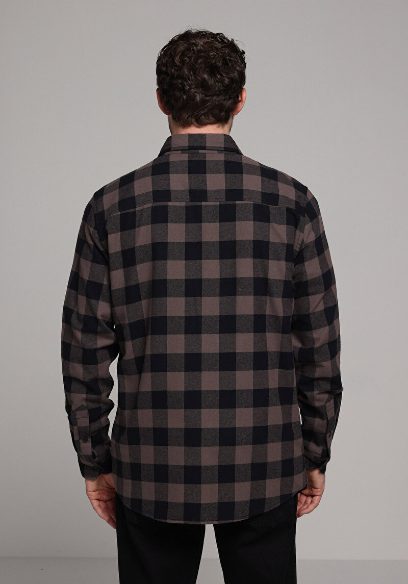 Regular Fit Shirt Neck Kareli Erkek Kahverengi Uzun Kol Gömlek