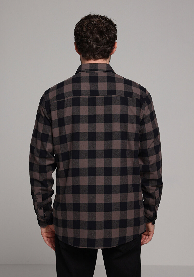 Regular Fit Shirt Neck Kareli Erkek Kahverengi Uzun Kol Gömlek