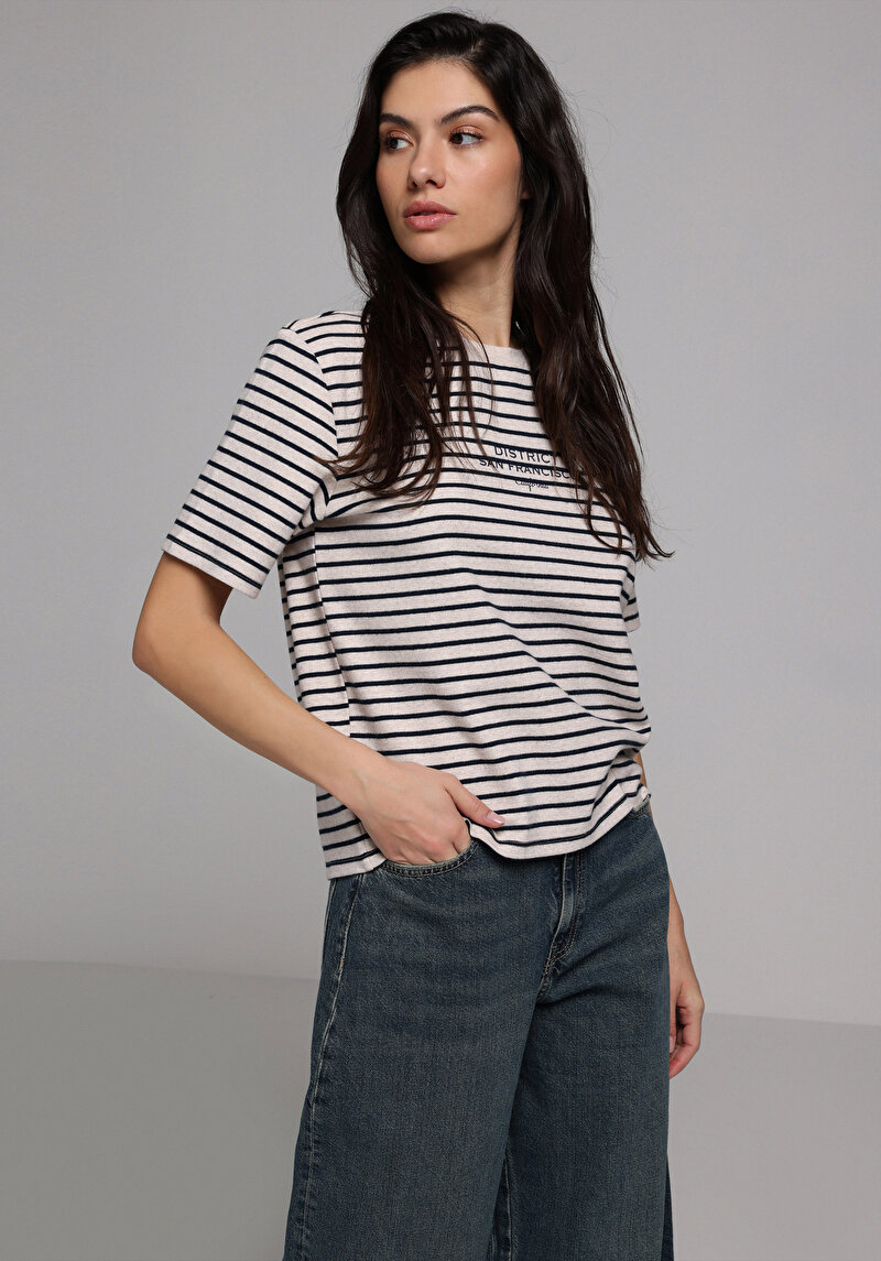 Regular Fit Yuvarlak Yaka Çizgili Kadın Bej Kısa Kol Tişört