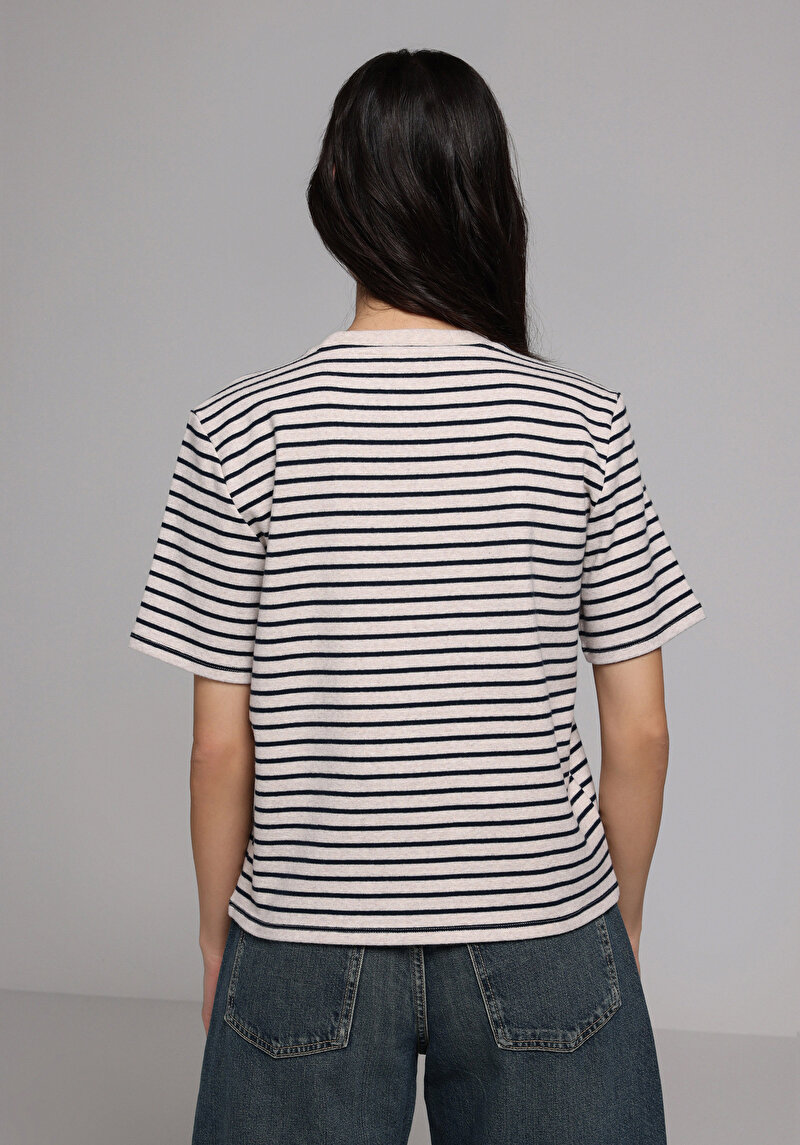 Regular Fit Yuvarlak Yaka Çizgili Kadın Bej Kısa Kol Tişört