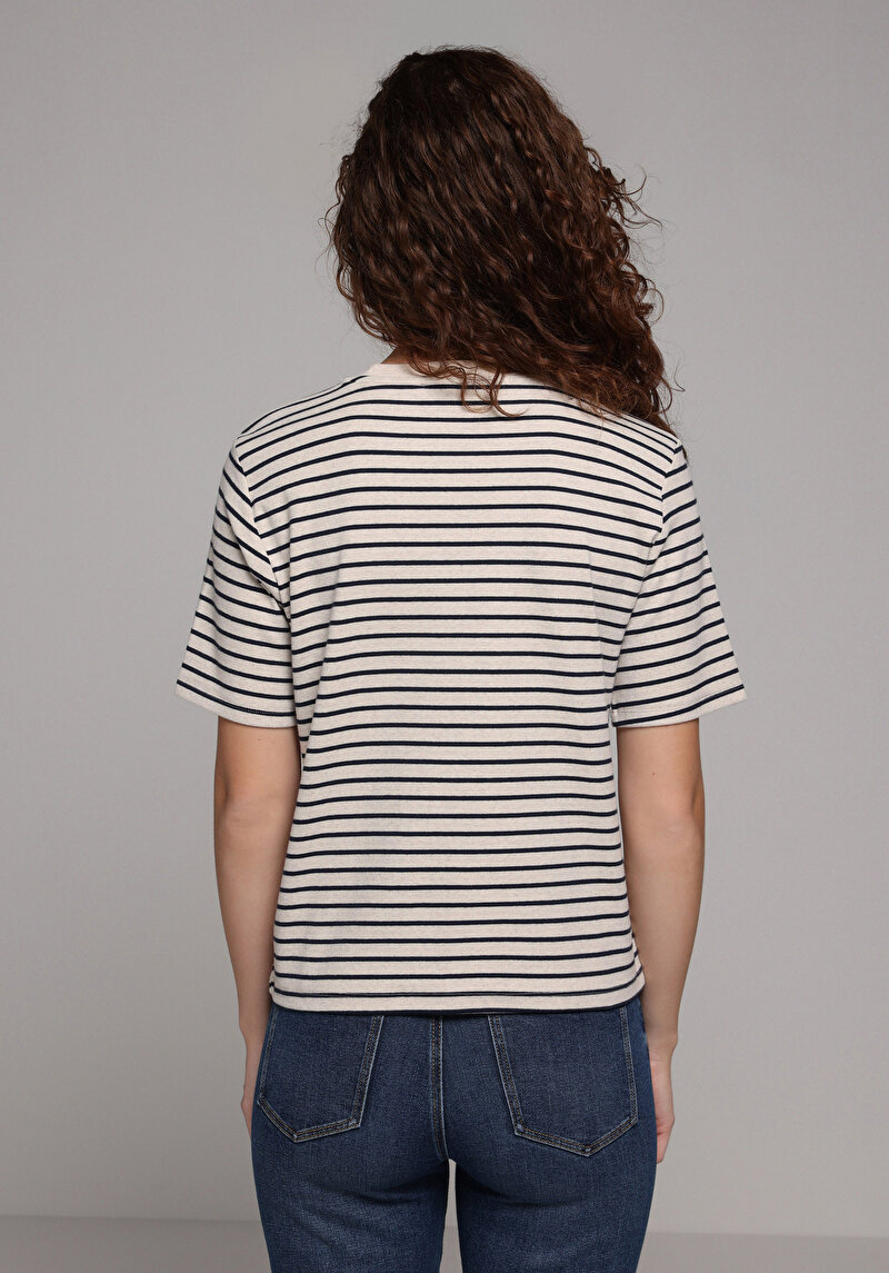 Regular Fit Yuvarlak Yaka Çizgili Kadın Bej Kısa Kol Tişört