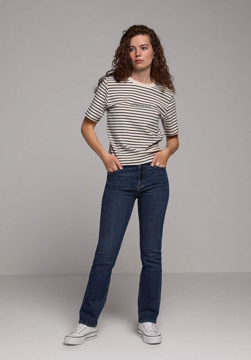 Regular Fit Yuvarlak Yaka Çizgili Kadın Bej Kısa Kol Tişört