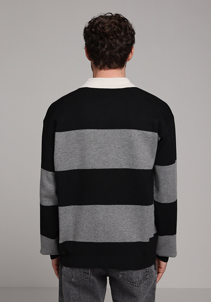 Comfort Fit Polo Yaka Jakarlı Erkek Siyah Kazak