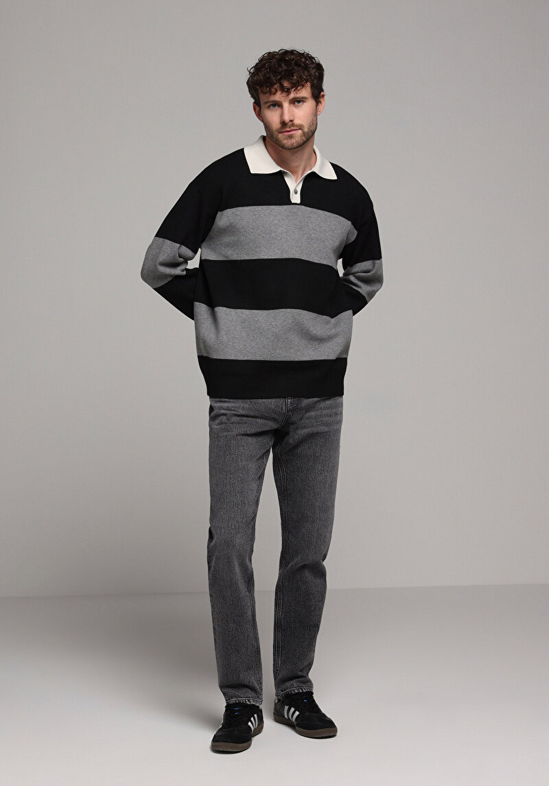 Comfort Fit Polo Yaka Jakarlı Erkek Siyah Kazak