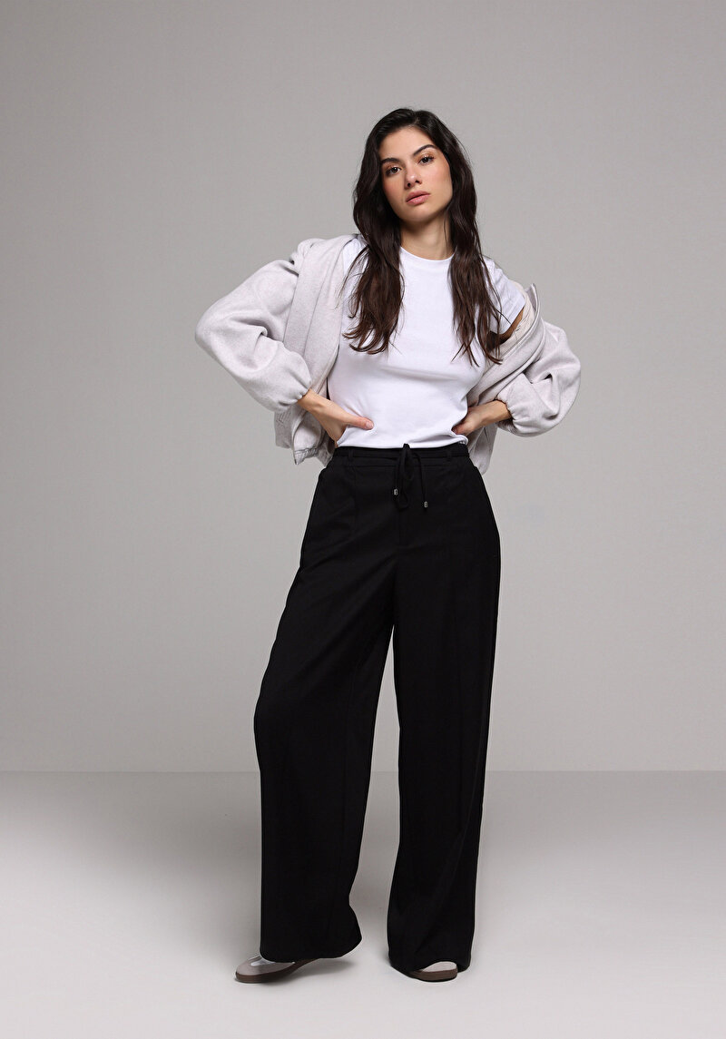 Regular Fit Yüksel Bel Geniş Paça Kadın Siyah  Pantolon