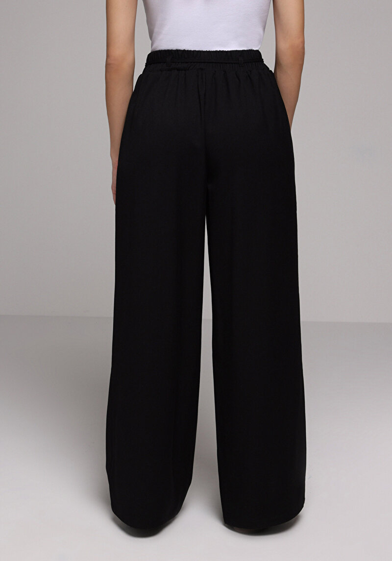 Regular Fit Yüksel Bel Geniş Paça Kadın Siyah  Pantolon