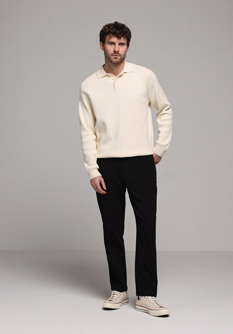 Regular Fit Polo Yaka Jakarlı Erkek Bej Kazak