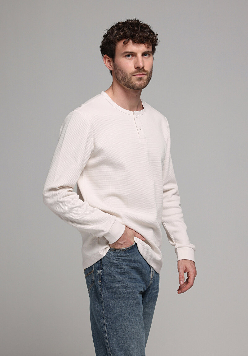 Regular Fit Düğmeli Yaka Düz Erkek Bej Uzun Kol Tişört