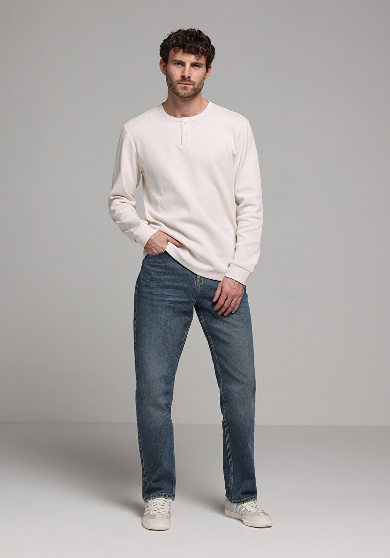 Regular Fit Düğmeli Yaka Düz Erkek Bej Uzun Kol Tişört