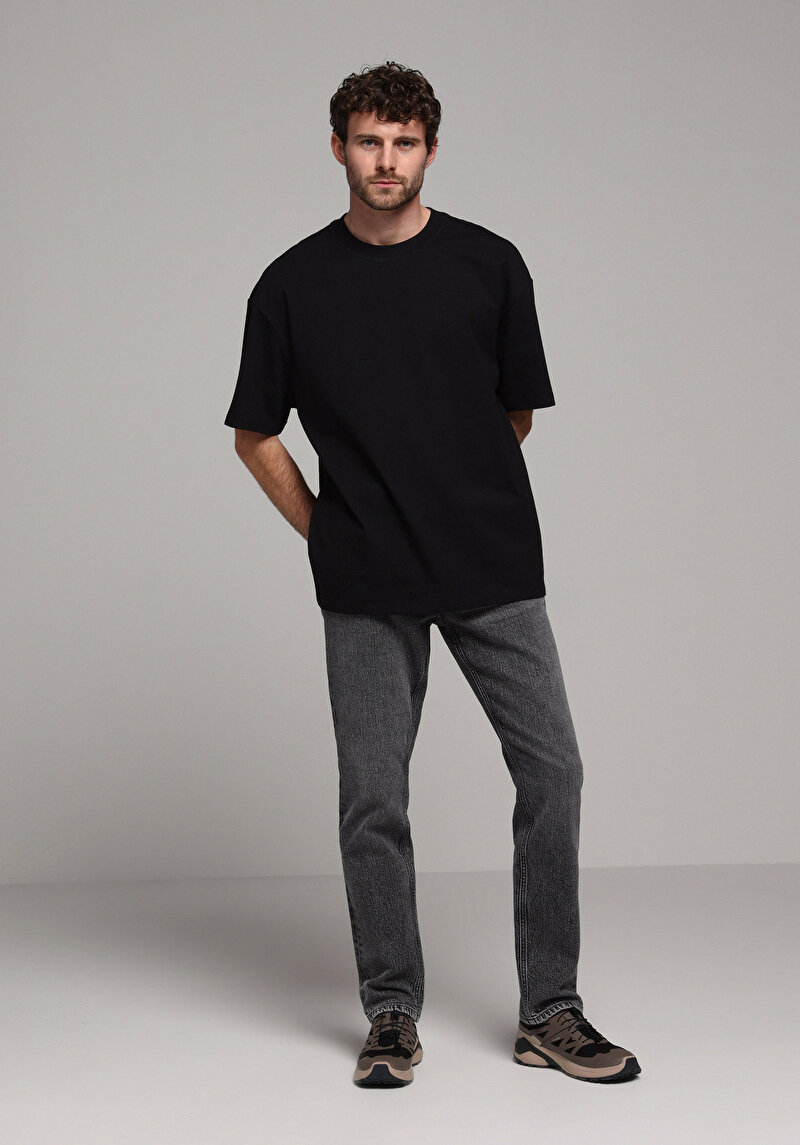 Oversize Fit Yuvarlak Yaka Düz Erkek Siyah Kısa Kol Tişört