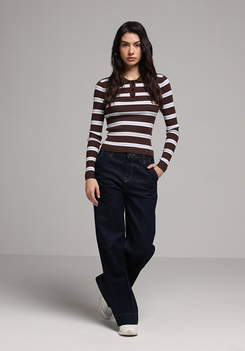 Slim Fit Polo Yaka Çizgili Kadın Kahverengi Kazak