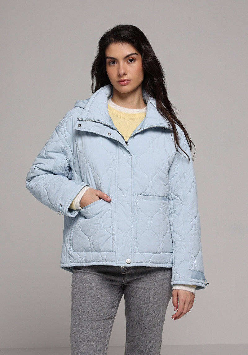 Regular Fit Kapüşonlu Fermuarlı Astarlı Suya Dayanıklı Kadın Mavi Mont